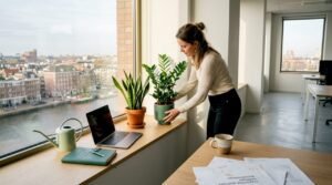 Medewerker zorgt voor onderhoudsarme planten op kantoor