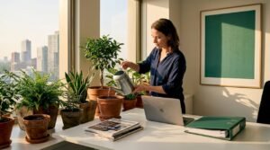 Een medewerker geeft de planten op kantoor regelmatig water en verzorgt ze goed.