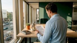Man bekijkt contract tussen de kantoorplanten