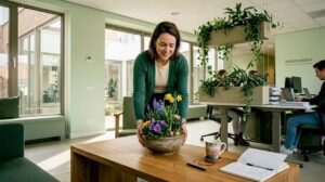 Frisse seizoensbloemen brengen sfeer op de werktafel in ons lichte kantoor.