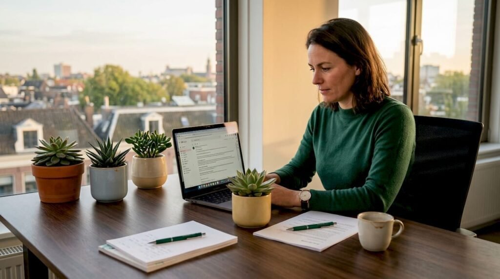 Vetplantjes op het bureau bij een collega die aan het werk is