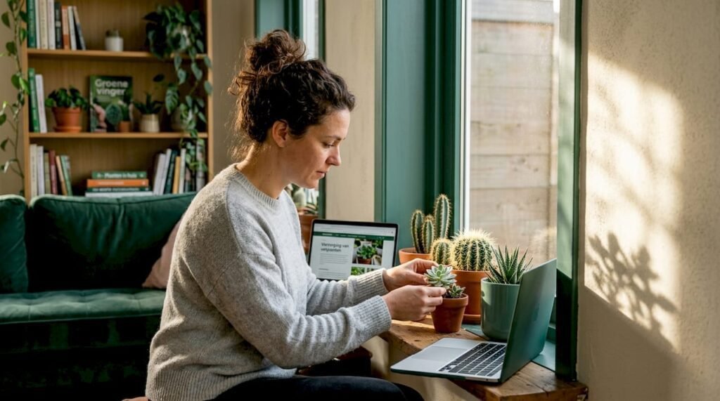 Een kantoormedewerker zet wat vetplantjes neer op het raam van zijn bureau.