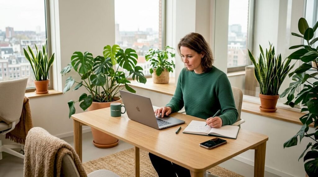 Een vrouw werkt in een kantoor vol groen, omringd door allerlei planten.