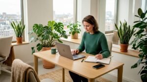 Een vrouw werkt in een kantoor vol groen, omringd door allerlei planten.