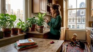 Moeder kijkt of de planten in orde zijn terwijl haar kind en de kat erbij zitten.