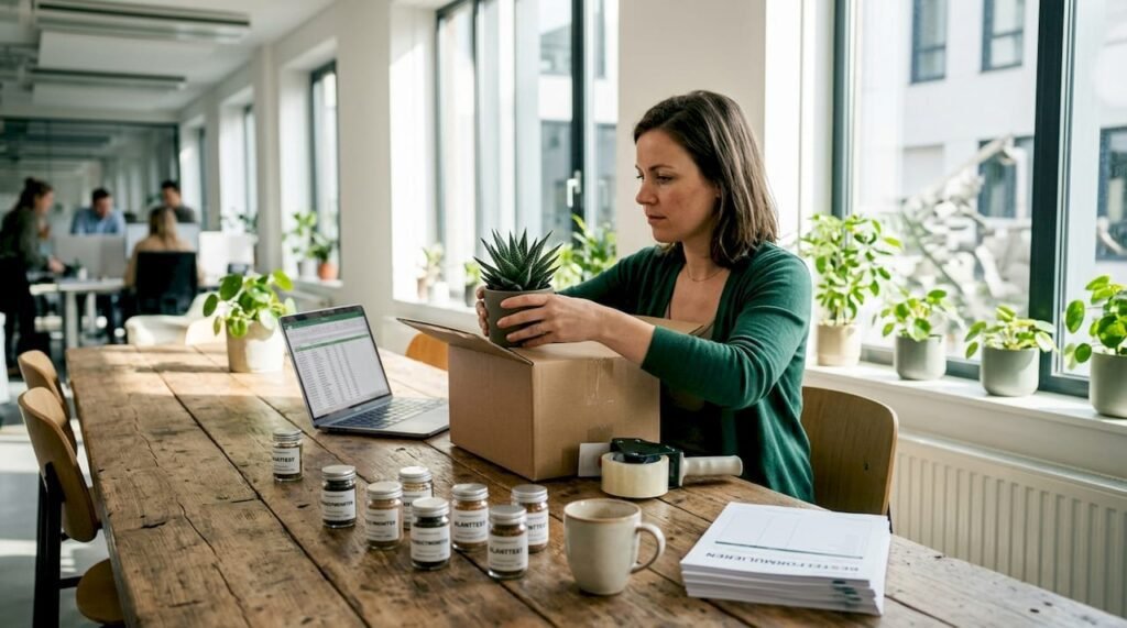 De officemanager is bezig met het inpakken van vetplantjes met bedrijfslogo, zodat ze klaargemaakt worden voor verzending.