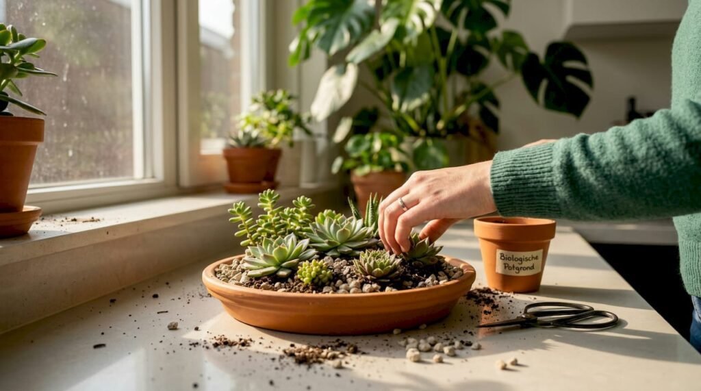 Een mooie schaal met vetplantjes op de vensterbank zetten