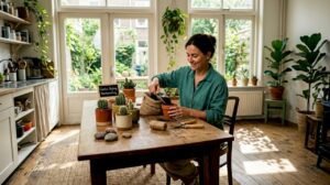 Een vrouw is bezig met het stylen van cactussen aan haar keukentafel.