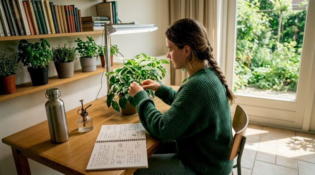 Een vrouw geeft haar kamerplant thuis extra aandacht onder een groeilamp.