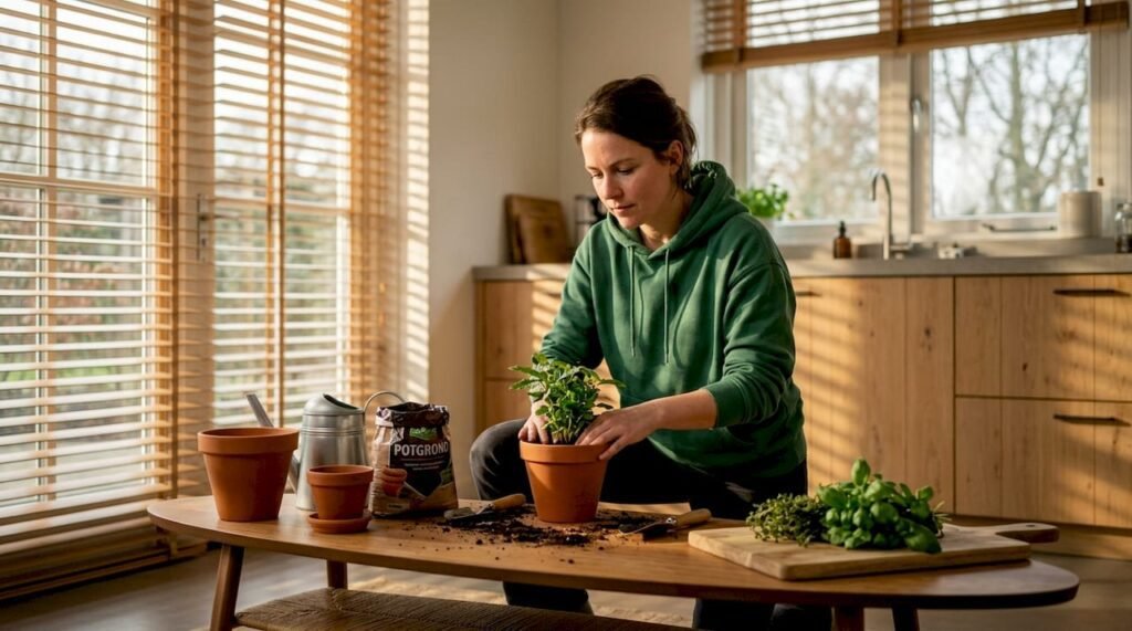Een vrouw geeft haar kamerplant een nieuw plekje in een terracotta bloempot.