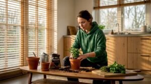 Een vrouw geeft haar kamerplant een nieuw plekje in een terracotta bloempot.