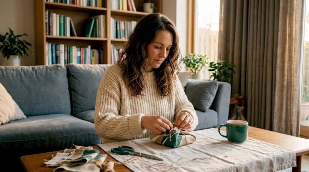 Een vrouw pakt een duurzaam cadeau in met een mooie lap stof.