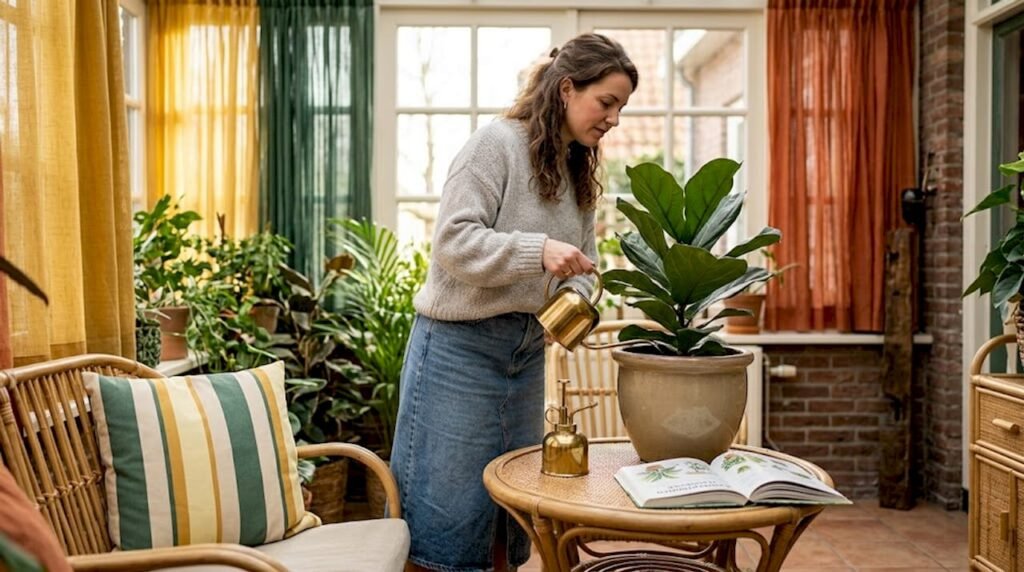 In een lichte woonkamer geeft een vrouw haar kamerplant aandacht.