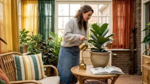 In een lichte woonkamer geeft een vrouw haar kamerplant aandacht.