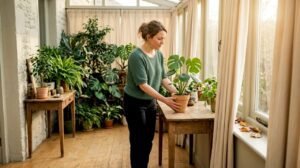Een vrouw zet haar monstera op een tafeltje bij het raam, zodat de plant lekker veel licht krijgt.