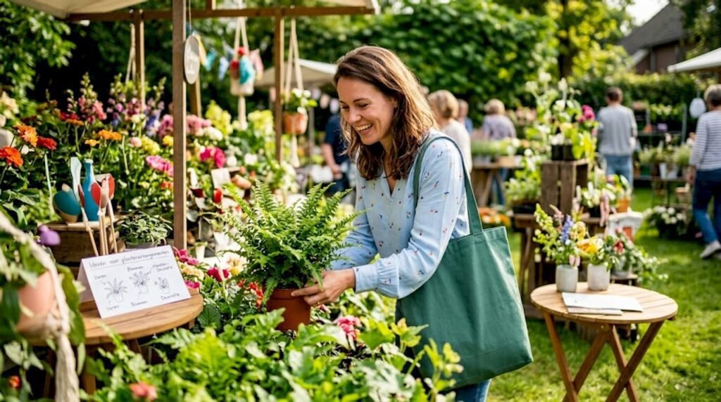Vrouw bij een plantenstand op een binnenlocatie