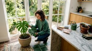 Een vrouw geeft haar kamerplant wat extra aandacht in een zonnige woonkamer.