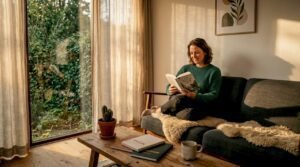 Een vrouw zit ontspannen te lezen in een zonnige woonkamer vol groene planten.
