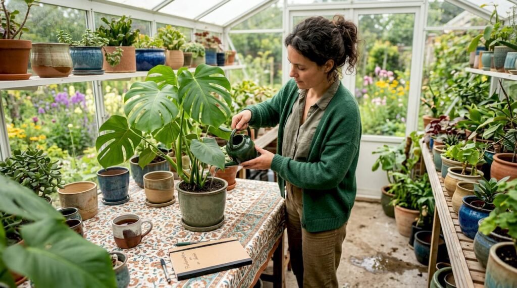 Een vrouw geeft haar kamerplant water terwijl ze gezellig thuis in de woonkamer bezig is.