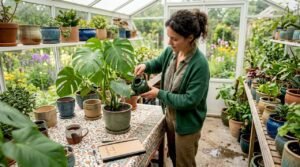 Een vrouw geeft haar kamerplant water terwijl ze gezellig thuis in de woonkamer bezig is.