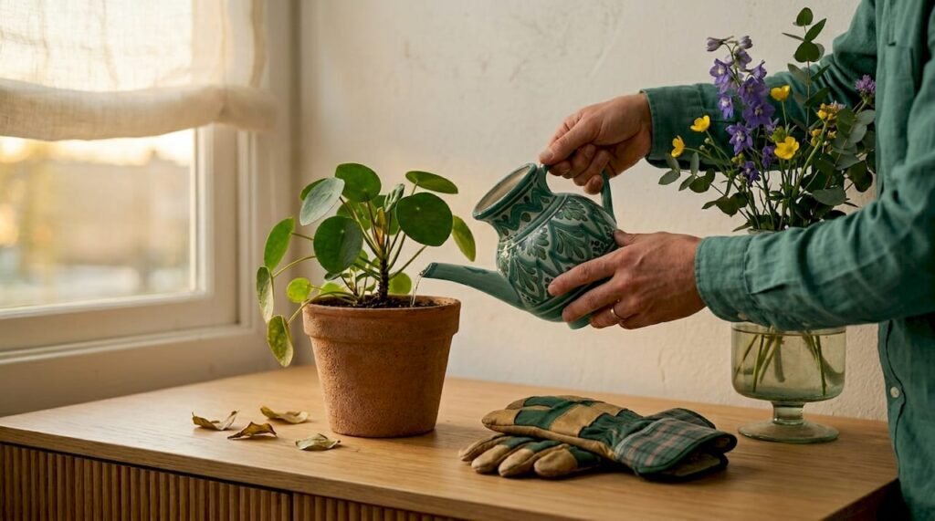 Met de hand een kamerplant water geven in de woonkamer.
