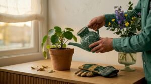 Met de hand een kamerplant water geven in de woonkamer.