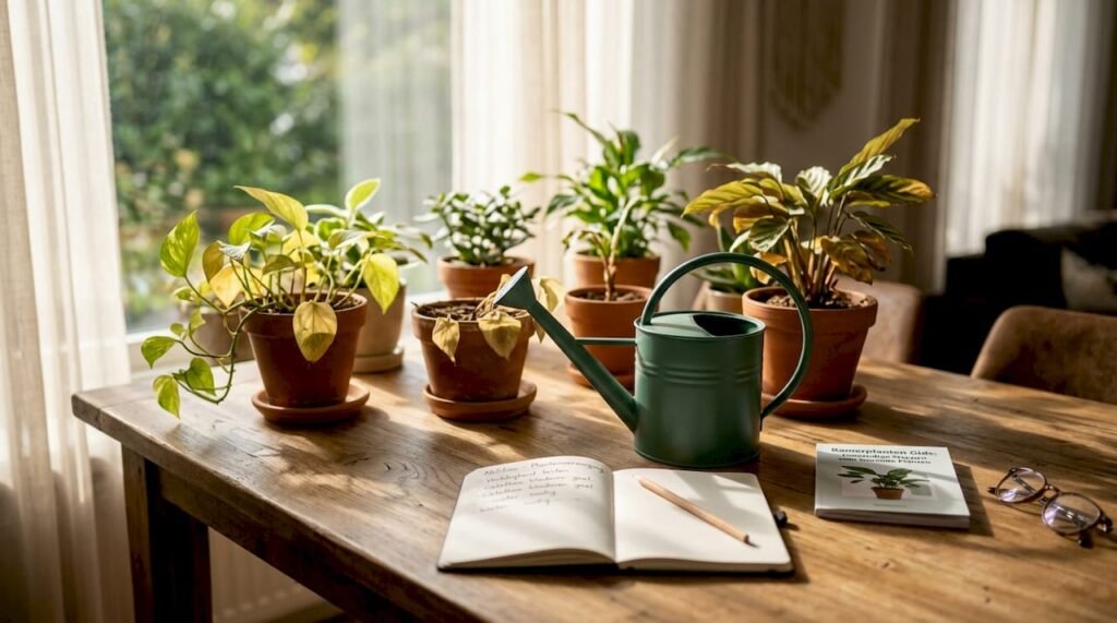 Kamerplanten met vergeelde bladeren op tafel