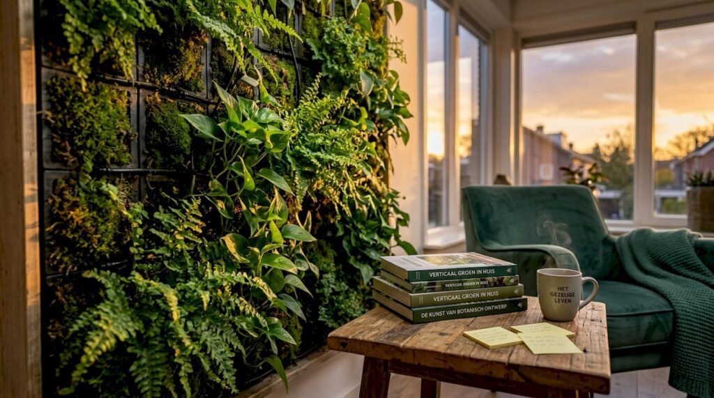 Een groene plantenwand zorgt in een licht kantoor voor een frisse en inspirerende sfeer.