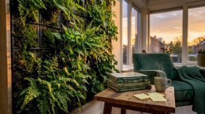 Een groene plantenwand zorgt in een licht kantoor voor een frisse en inspirerende sfeer.