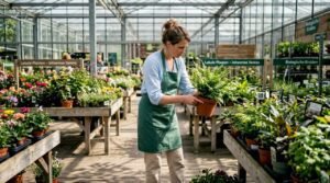 Tuinier speurt tussen de lokale planten in het tuincentrum op zoek naar de mooiste exemplaren voor zijn tuin.