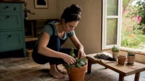 Een vrouw is bezig planten mooi neer te zetten op tafel.