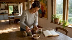 Een vrouw geeft haar interieur een unieke twist door glazen potten met kurken te gebruiken als decoratie.