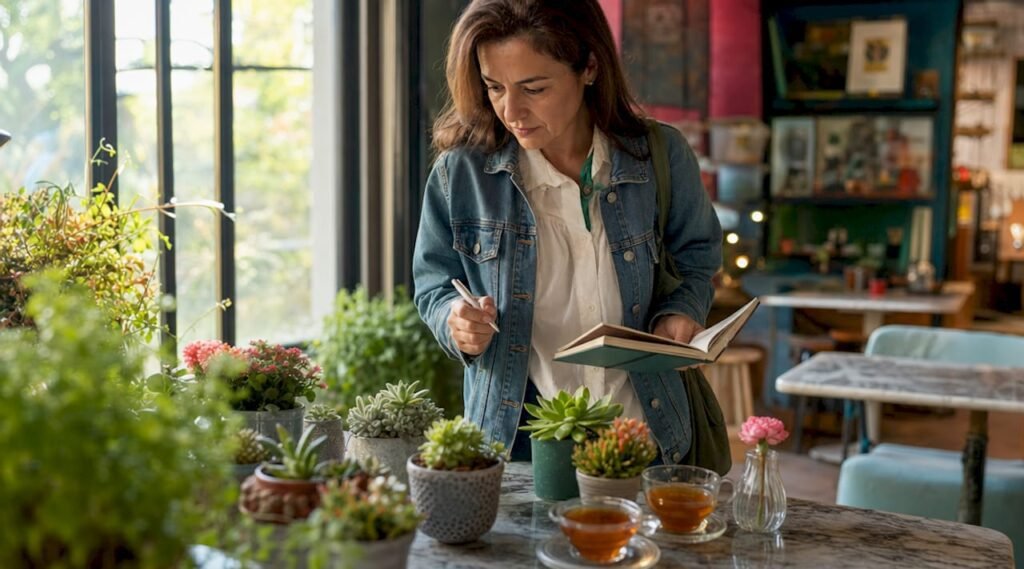 Iemand kiest mooie vetplantjes en bloemen uit om het kantoor wat gezelliger te maken.