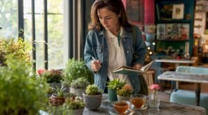 Iemand kiest mooie vetplantjes en bloemen uit om het kantoor wat gezelliger te maken.