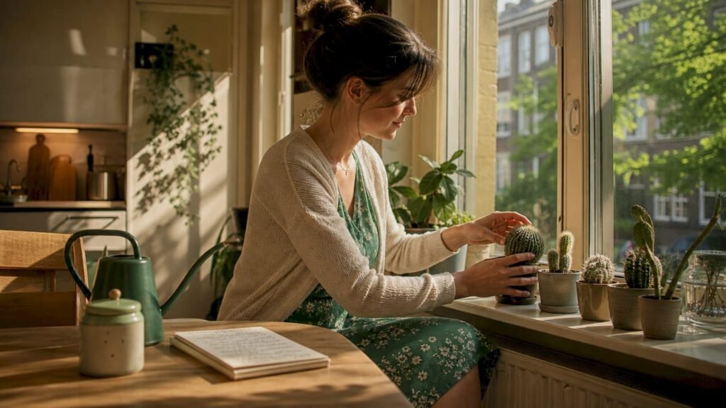 Een vrouw schuift haar cactusplantjes op de vensterbank zodat ze optimaal zonlicht krijgen.