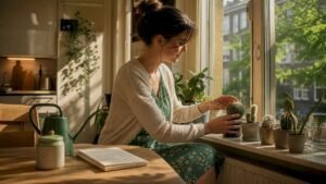 Een vrouw schuift haar cactusplantjes op de vensterbank zodat ze optimaal zonlicht krijgen.