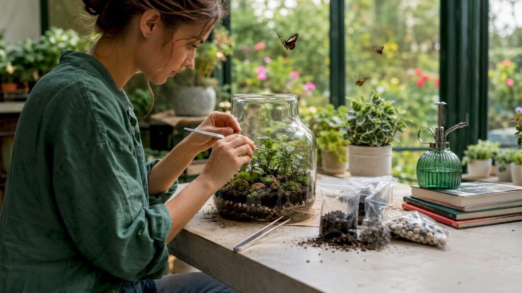 Aan de keukentafel is een vrouw druk bezig met het samenstellen van een planten terrarium.