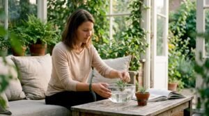 Een vrouw geeft haar luchtplantje een bad door het even onder te dompelen in water.