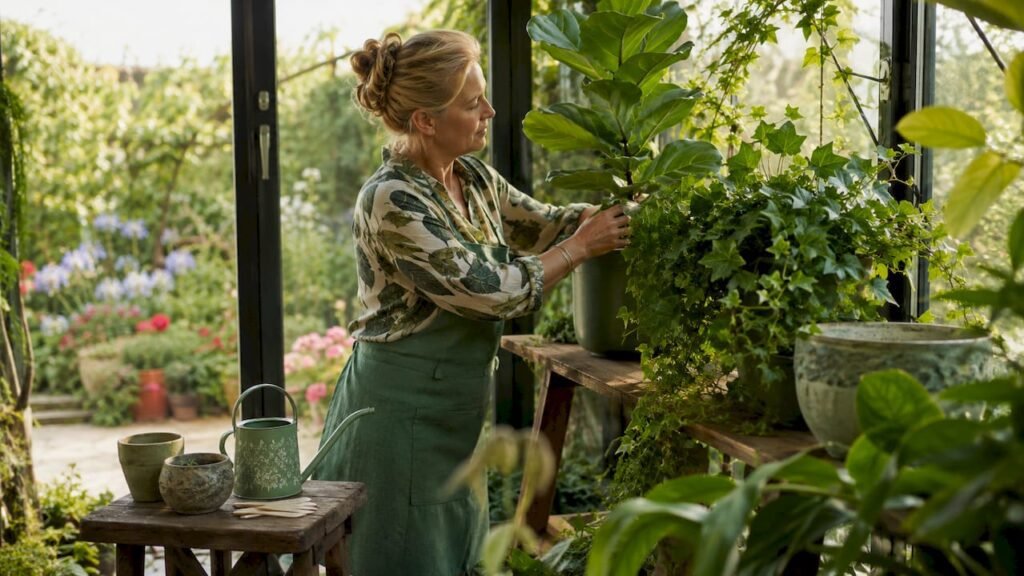 Vrouw zet kamerplanten in als groene roomdivider