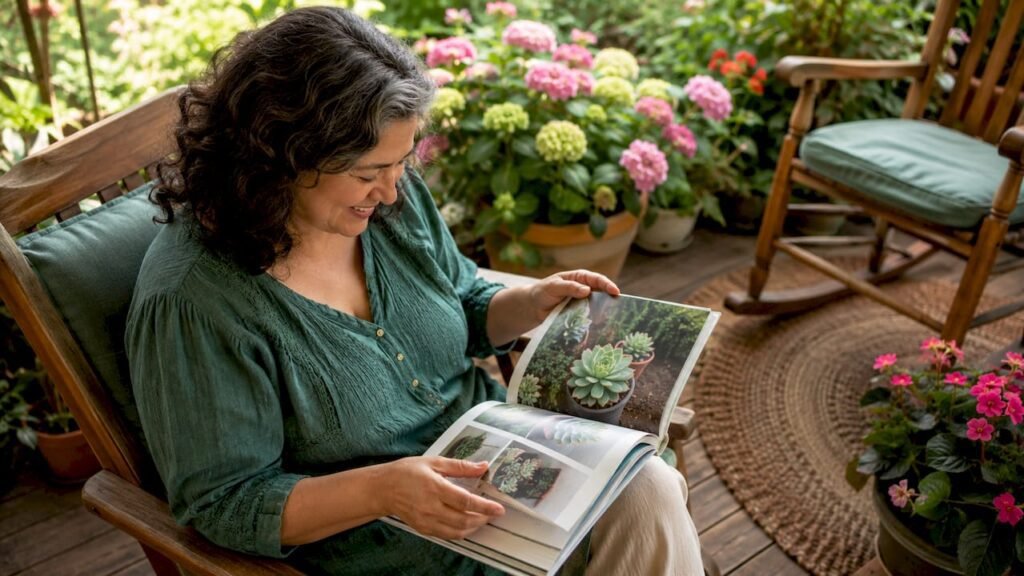 Een vrouw bladert aandachtig door de catalogus van een bedrijf dat vetplantjes verkoopt.