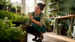 Kweker controleert fairtrade planten in de kas