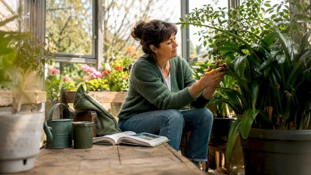 Een vrouw geniet van een moment rust tussen haar kamerplanten thuis.