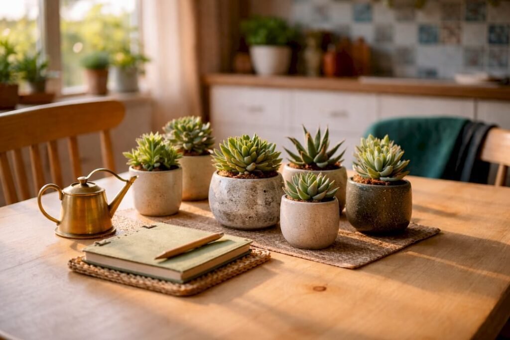 Kleine vetplantjes fleuren de houten bijzettafel in de woonkamer op.