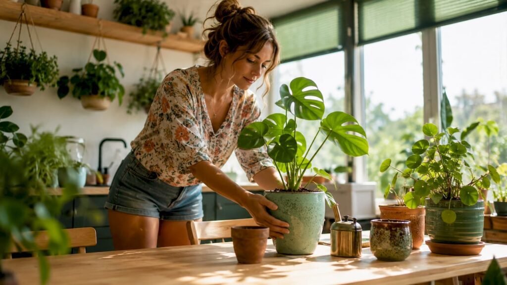 Een vrouw zoekt mooie potten uit voor haar kamerplanten in de woonkamer.