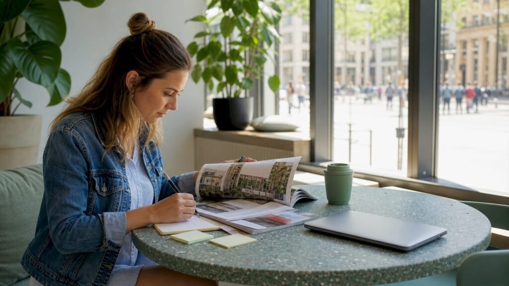 Een adviseur bekijkt folders over duurzame kantoormeubelen om te beoordelen welke oplossingen het beste passen bij een milieubewuste inrichting.