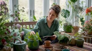 Een vrouw staat in de woonkamer en zoekt een mooie pot uit voor haar kamerplant.