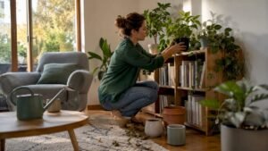 Een vrouw die haar woonkamer opfleurt door zorgvuldig haar planten een mooi plekje te geven.